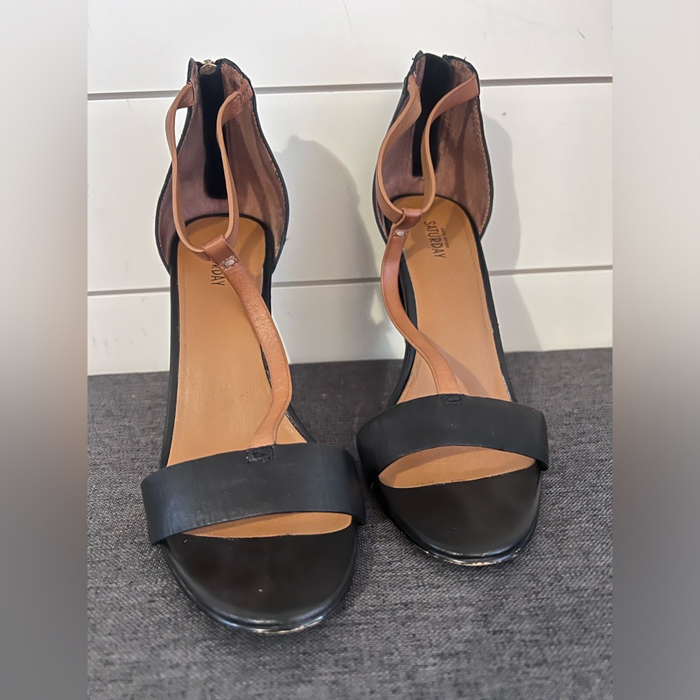 Kate Spade Saturday 7 Black Brown Leather Stappy Heel Sandal